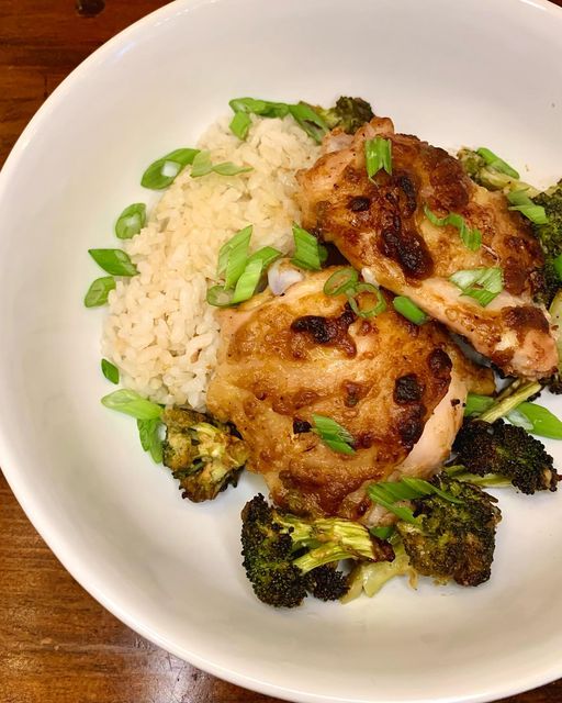 MisoHeat mustard chicken thighs with rice and broccoli