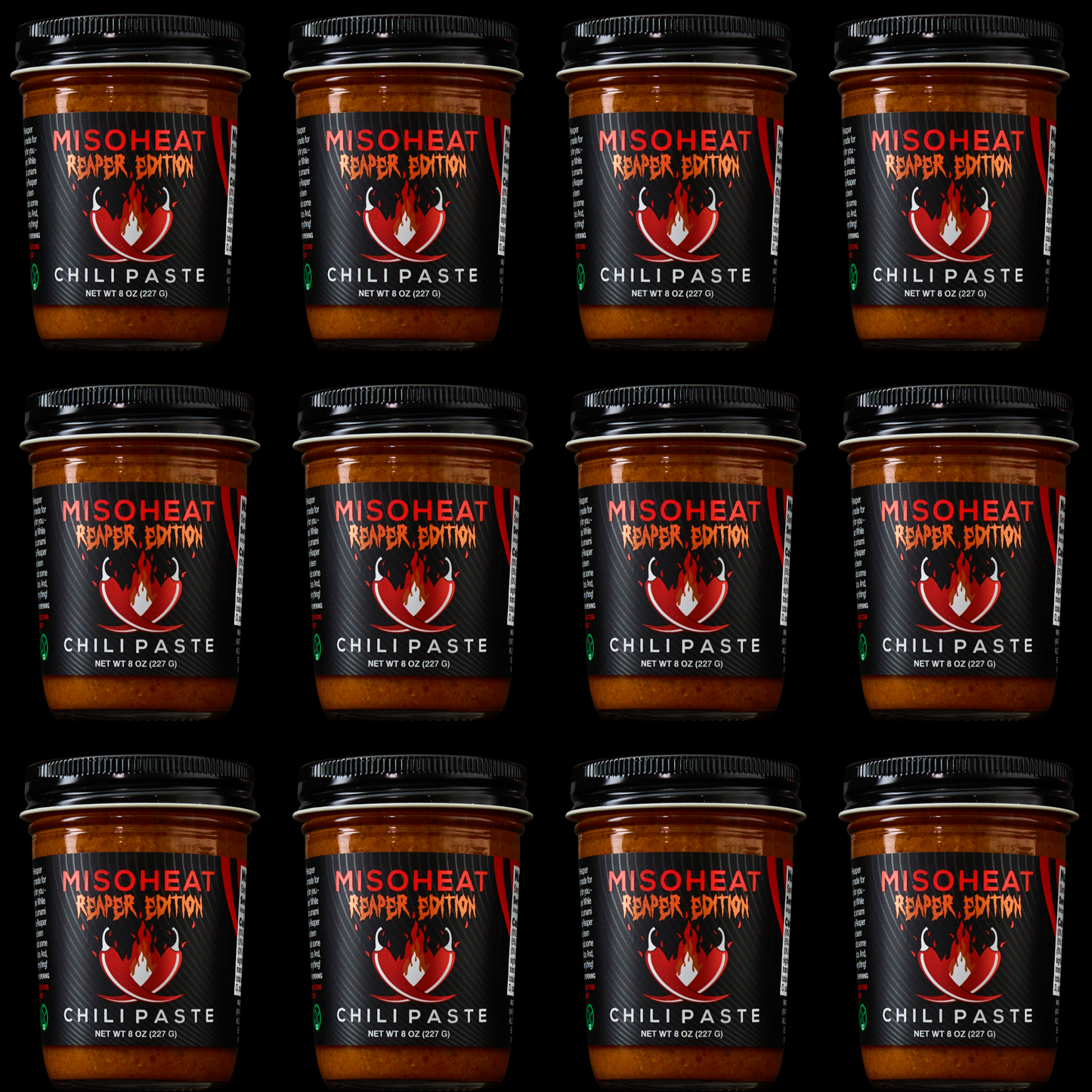 Twelve (12) jars of MisoHeat Chili Paste Reaper Edition, stacked on top of each other, front view.