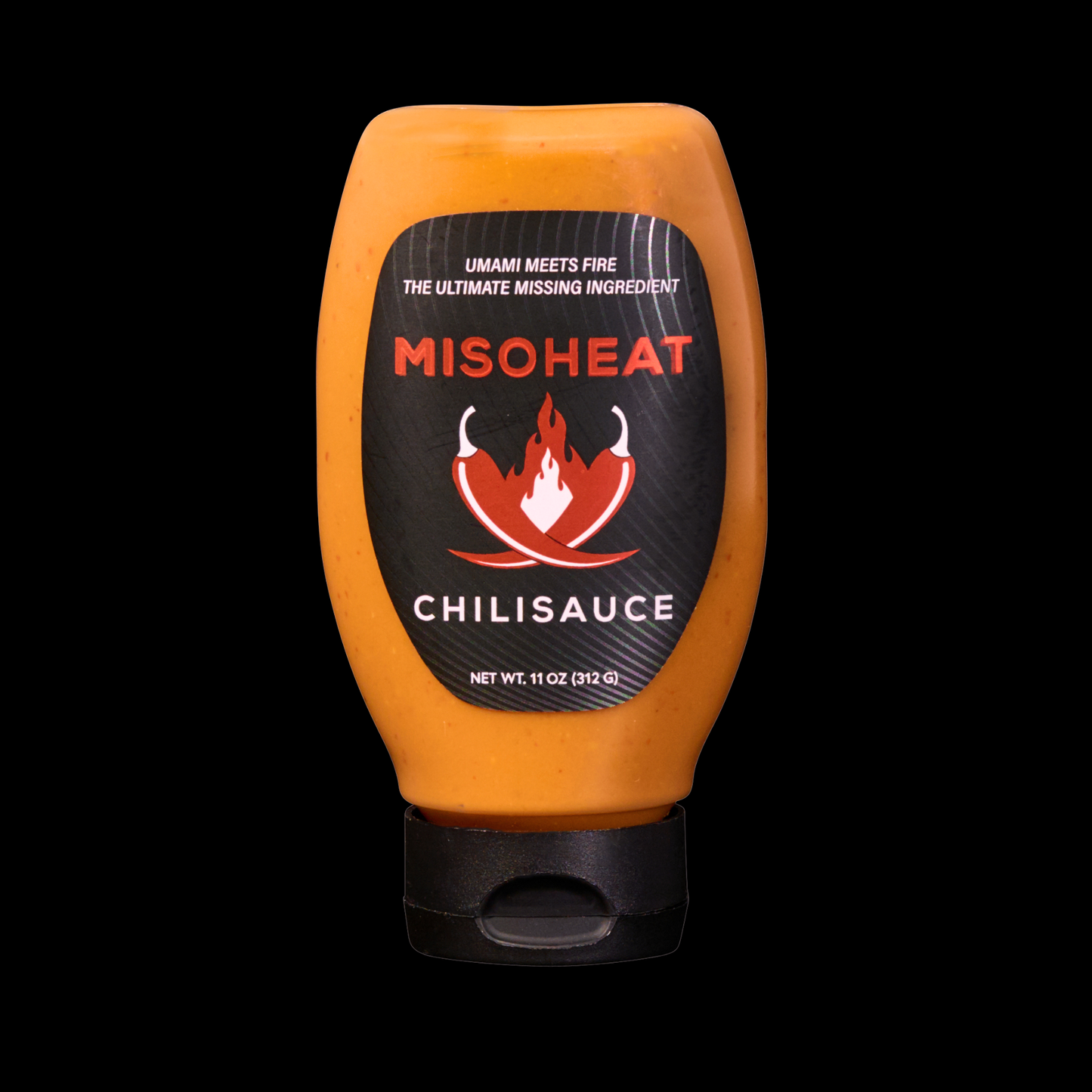 MisoHeat Chili Sauce in an upside down squeeze bottle front view