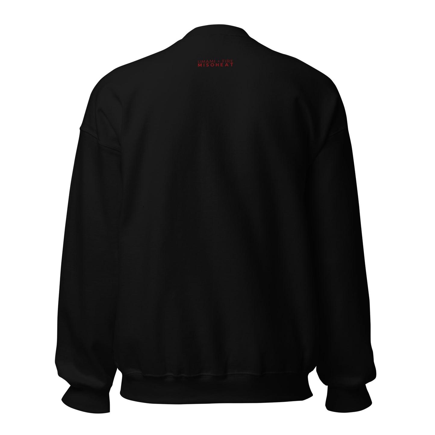 Black Gildan crewneck back view with "Umami + Fire MisoHeat" printed in red by the collar