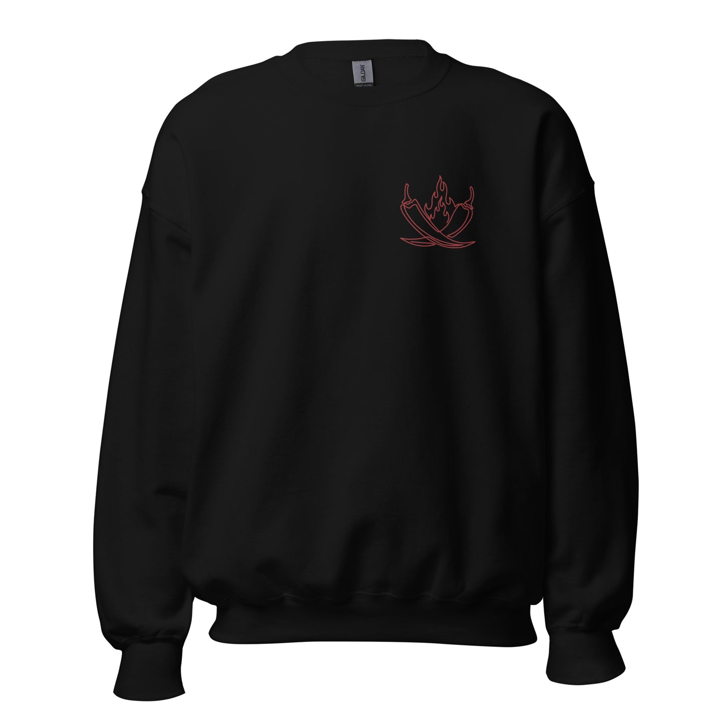 Black Gildan crewneck with MisoHeat logo of peppers and flames printed in red on the front left chest