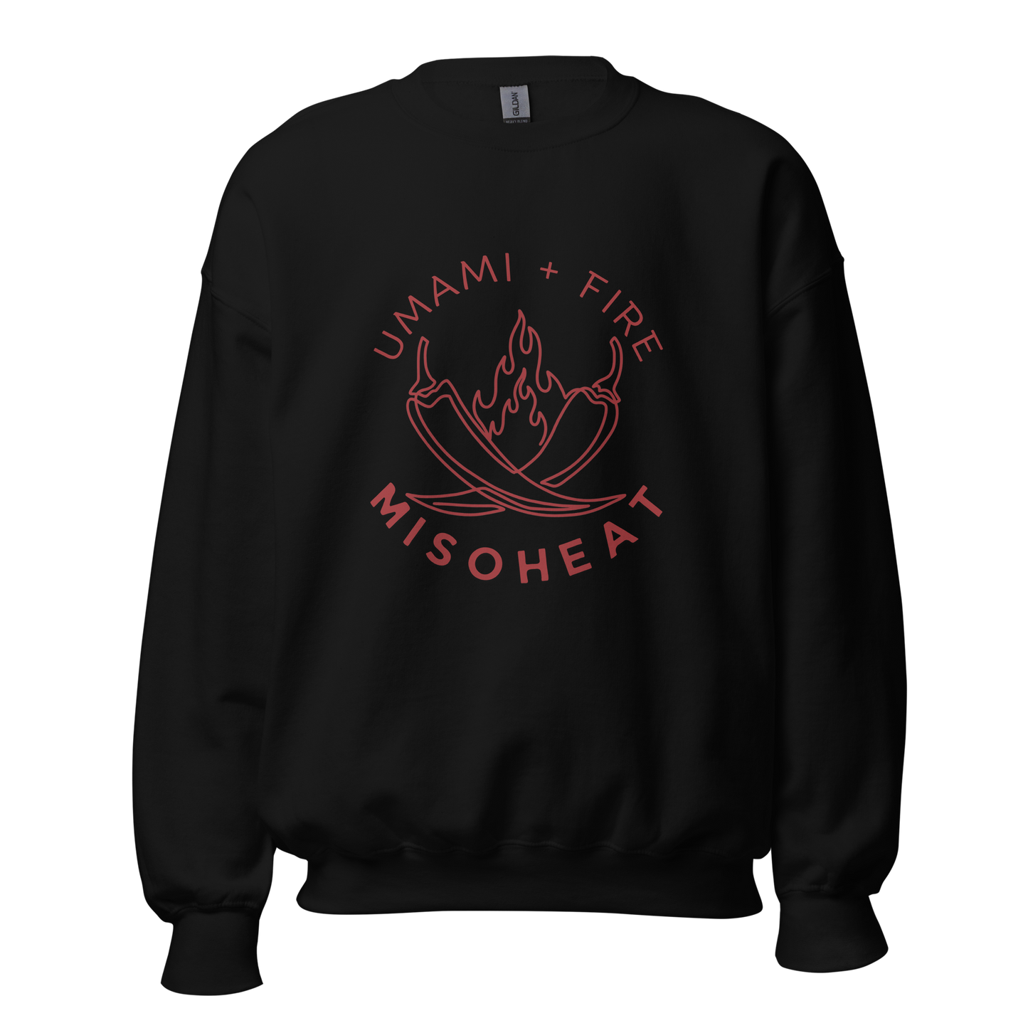 Black Gildan crewneck sweatshirt with red printed MisoHeat logo of peppers and flames with words "Umami + Fire" on center chest
