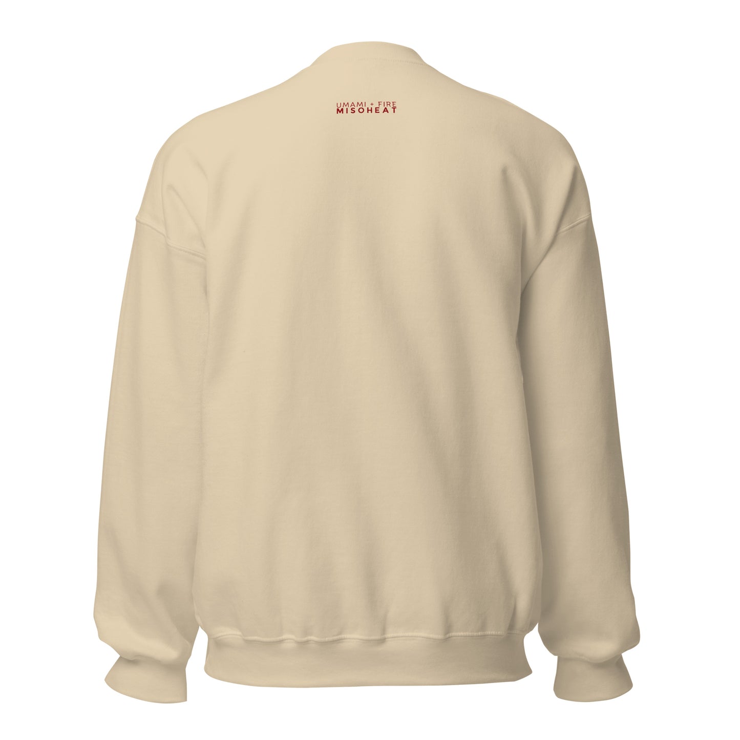 Sand Gildan crewneck back view with "Umami + Fire MisoHeat" printed in red by the collar