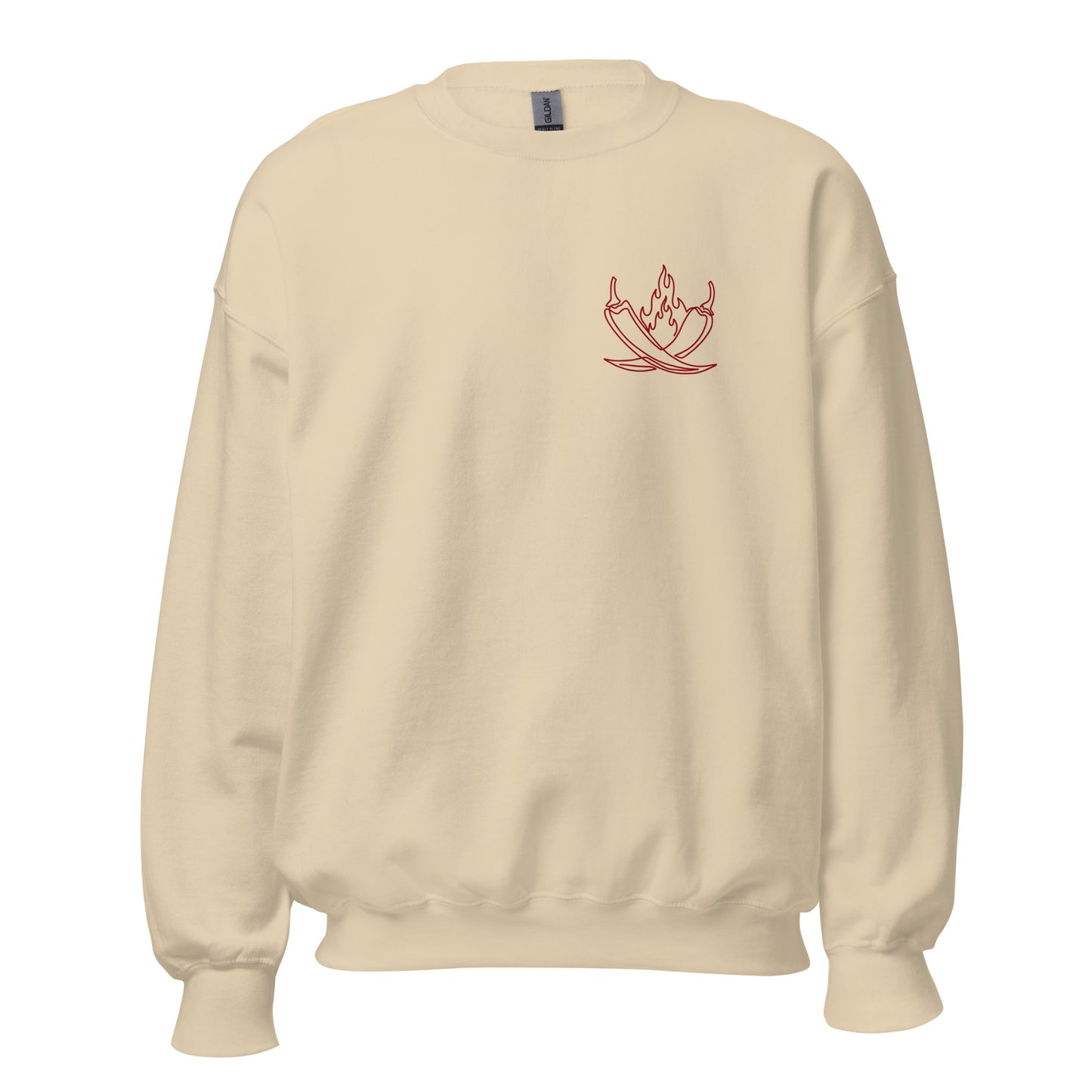 Sand Gildan crewneck with MisoHeat logo of peppers and flames printed in red on the front left chest