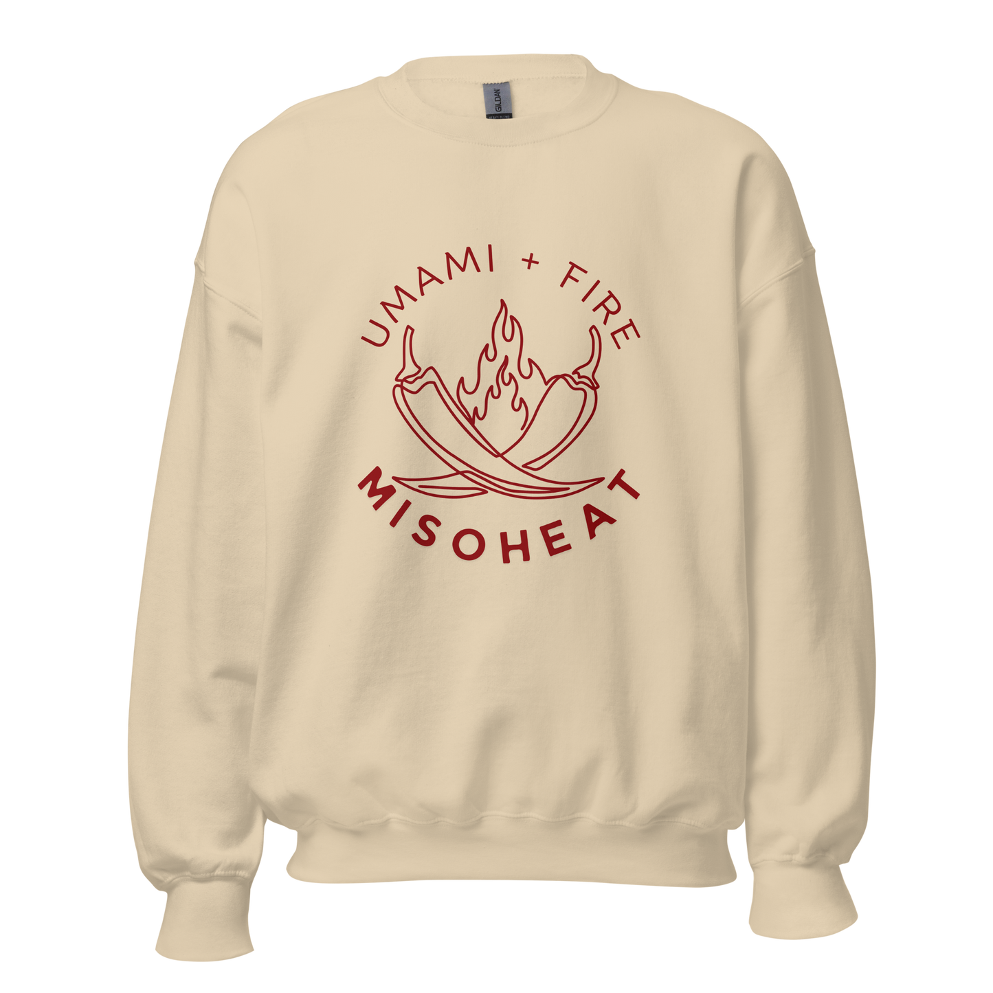 Sand Gildan crewneck sweatshirt with red printed MisoHeat logo of peppers and flames with words "Umami + Fire" on center chest