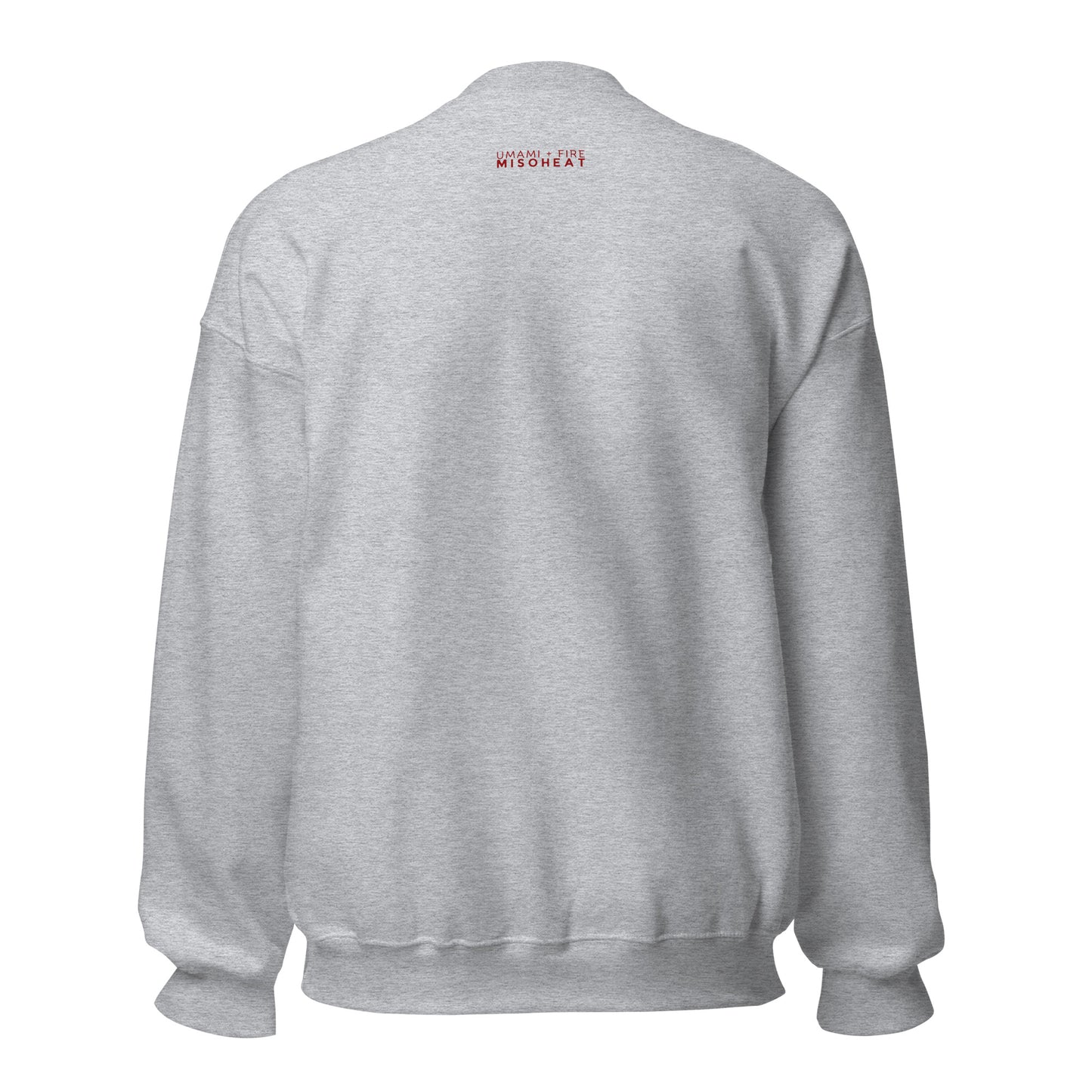 Gray Gildan crewneck back view with "Umami + Fire MisoHeat" printed in red by the collar