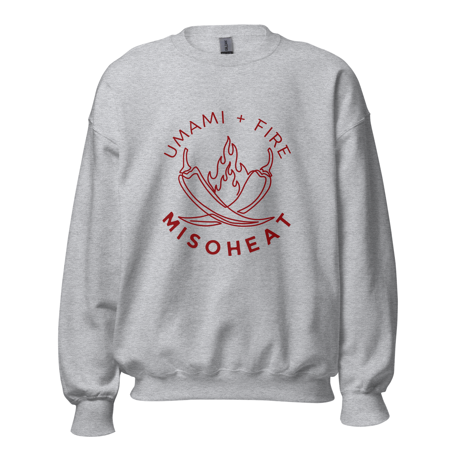 Light gray Gildan crewneck sweatshirt with red printed MisoHeat logo of peppers and flames with words "Umami + Fire" on center chest