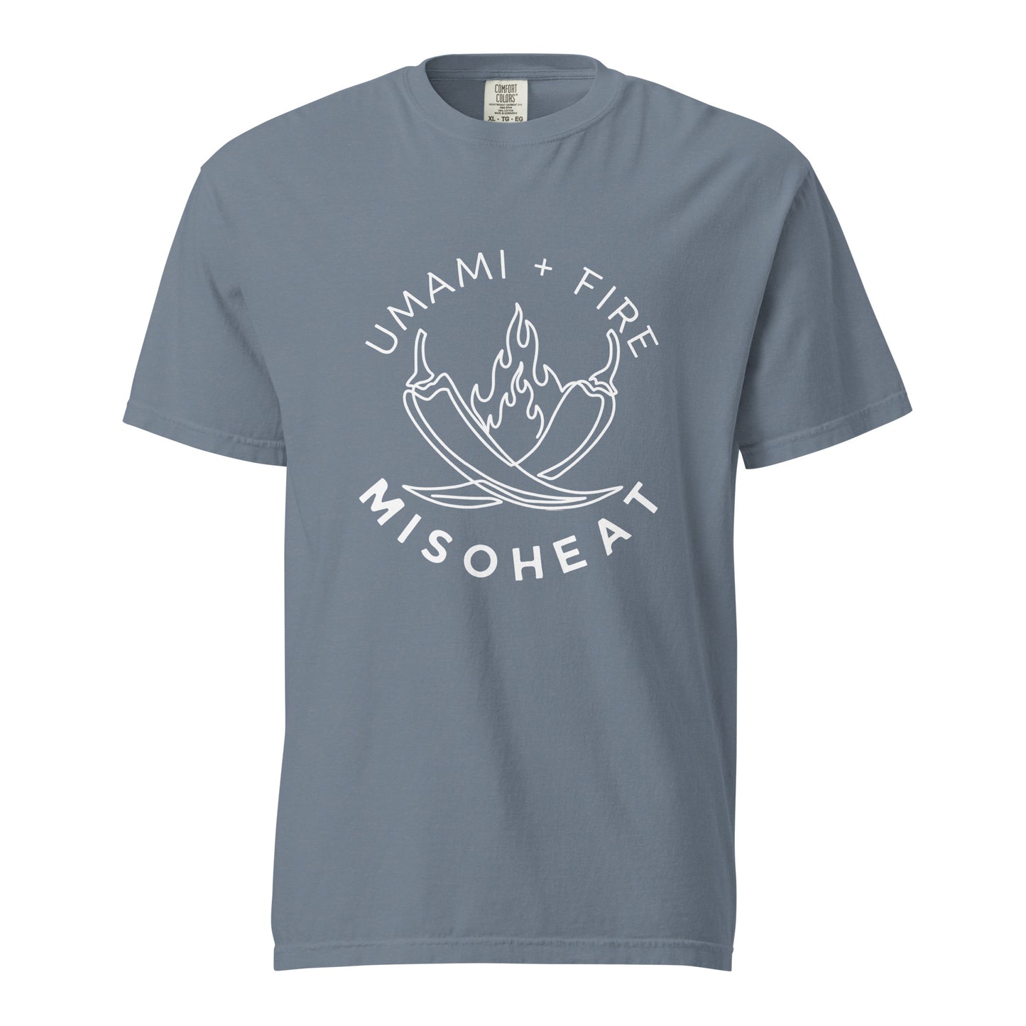 Ice blue Comfort Colors tshirt with white printed MisoHeat logo of peppers and flames with words "Umami + Fire" on center chest