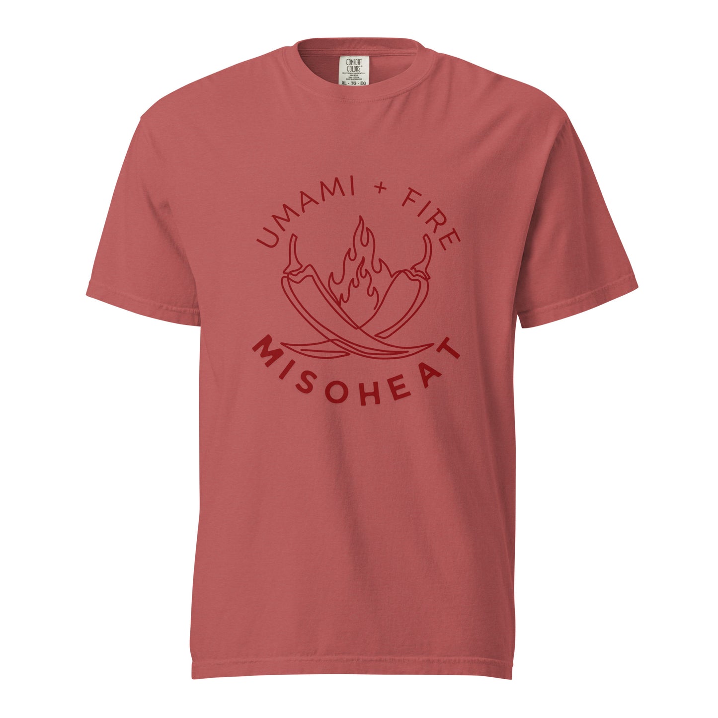 Crimson Comfort Colors tshirt with red printed MisoHeat logo of peppers and flames with words "Umami + Fire" on center chest
