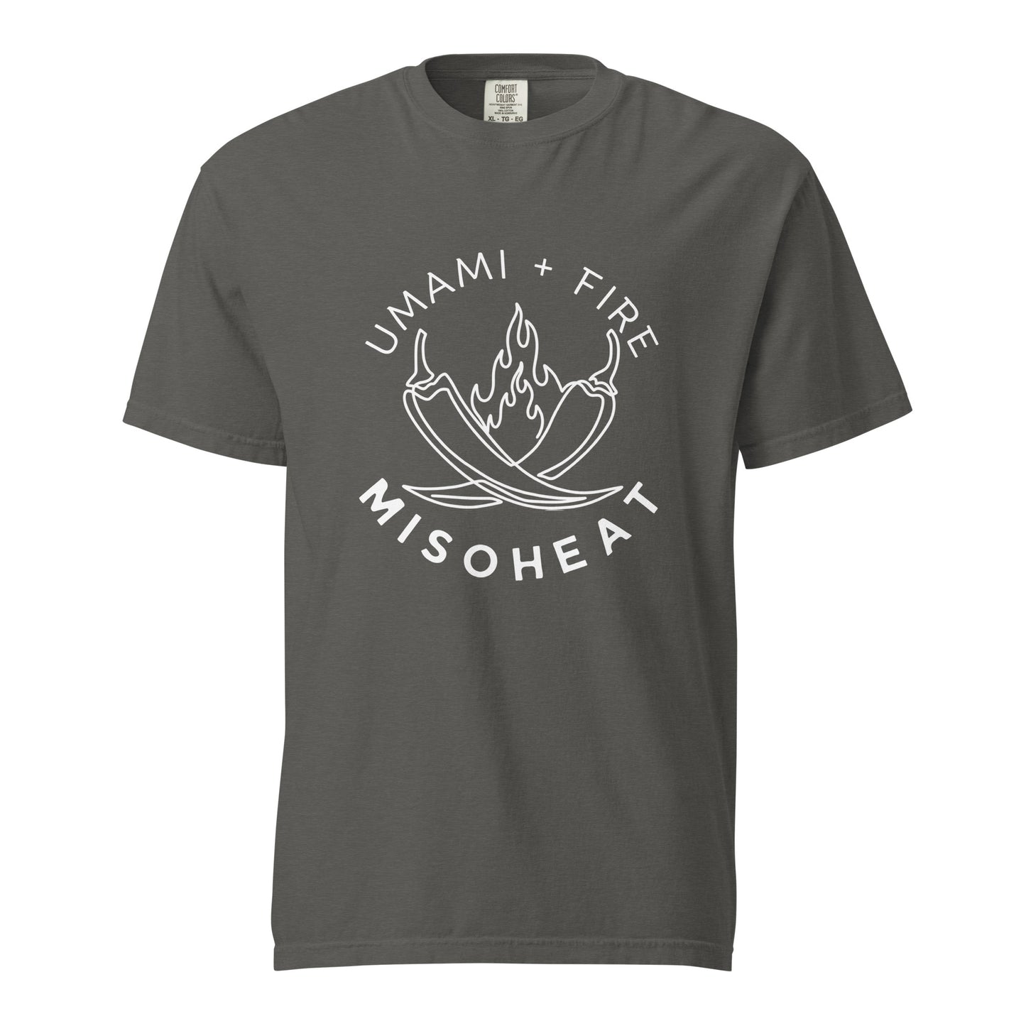 Gray Comfort Colors tshirt with white printed MisoHeat logo of peppers and flames with words "Umami + Fire" on center chest