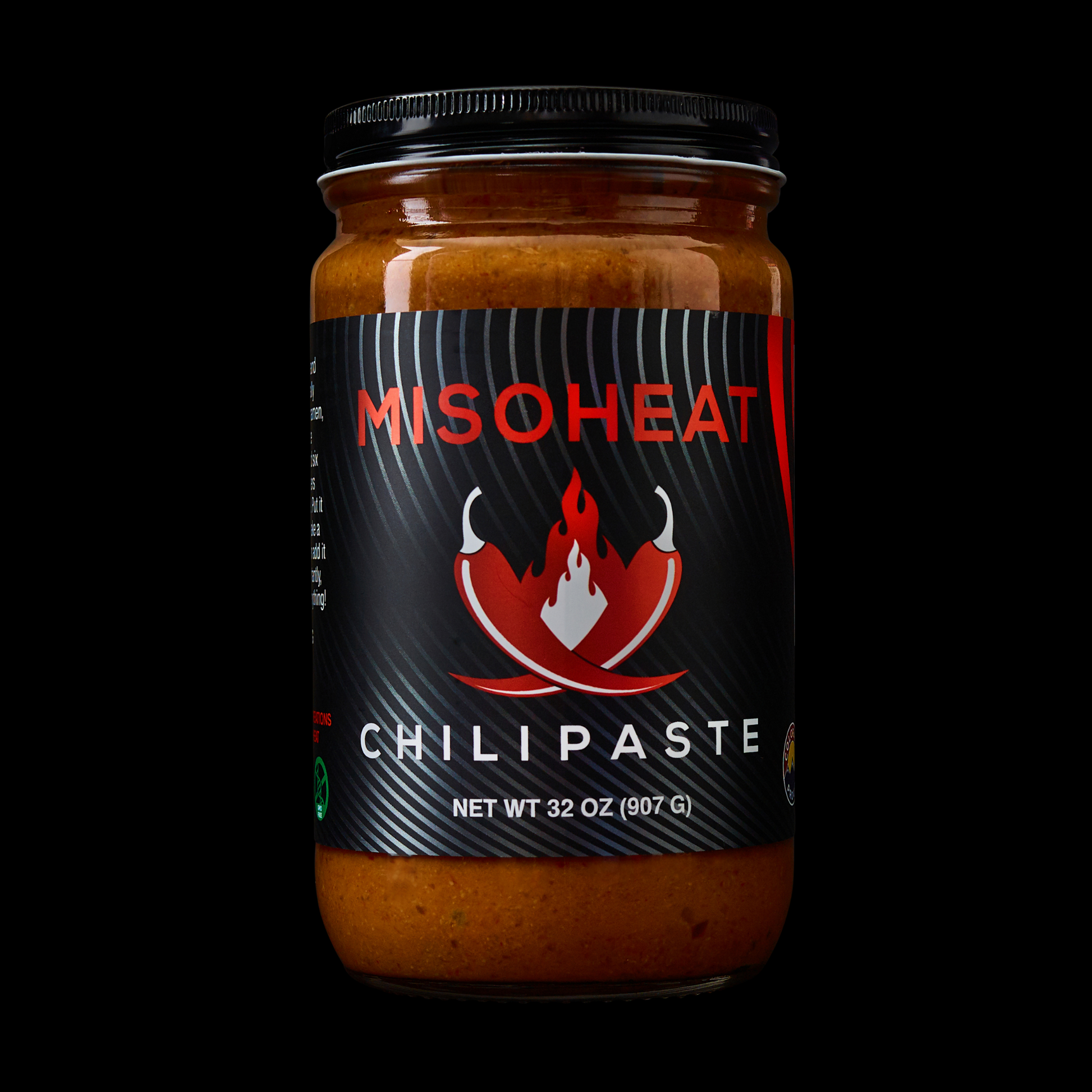 MisoHeat Chili Paste 32oz size jar front view with logo of chili peppers and fire