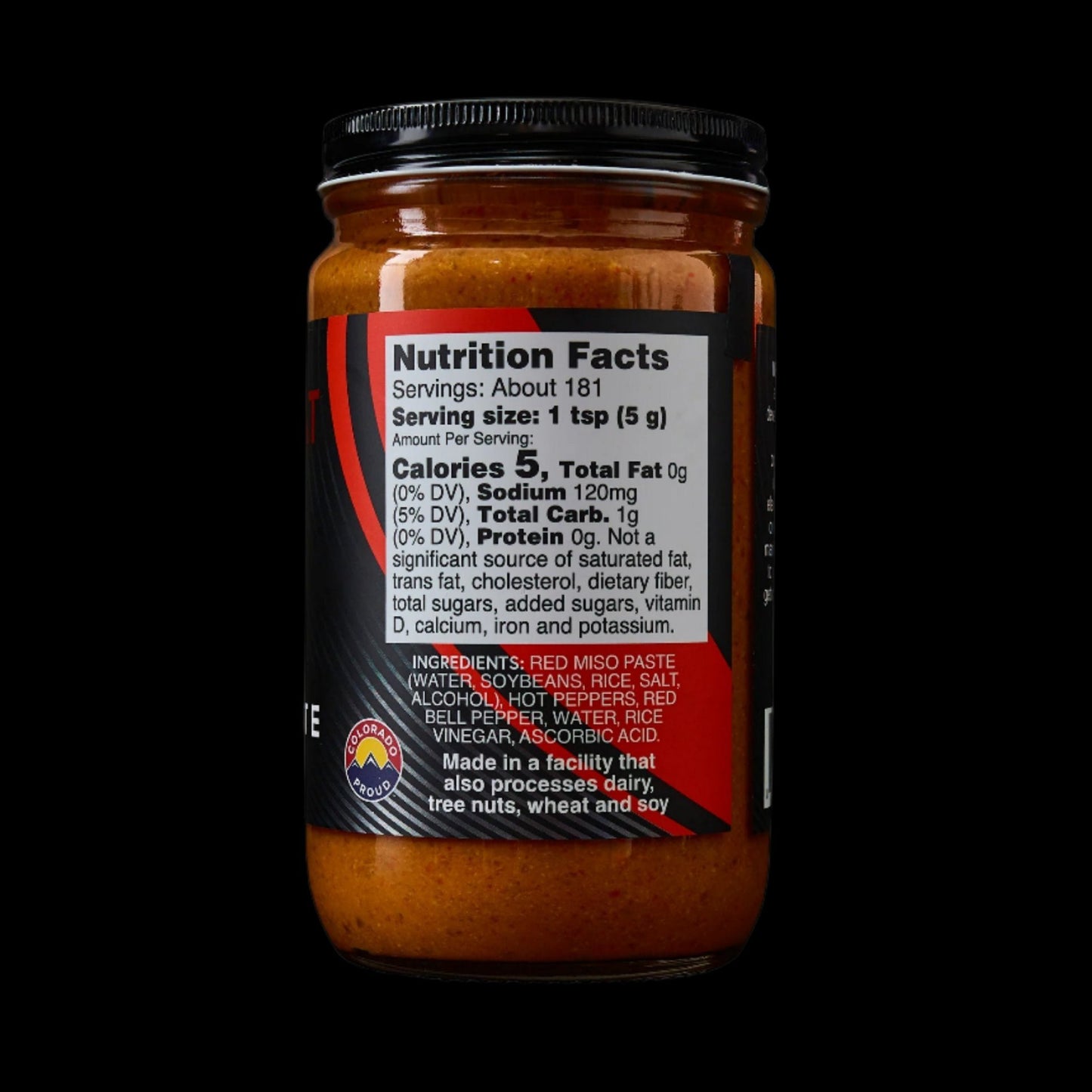 MisoHeat Chili Paste 32oz size jar back view with logo of chili peppers and fire