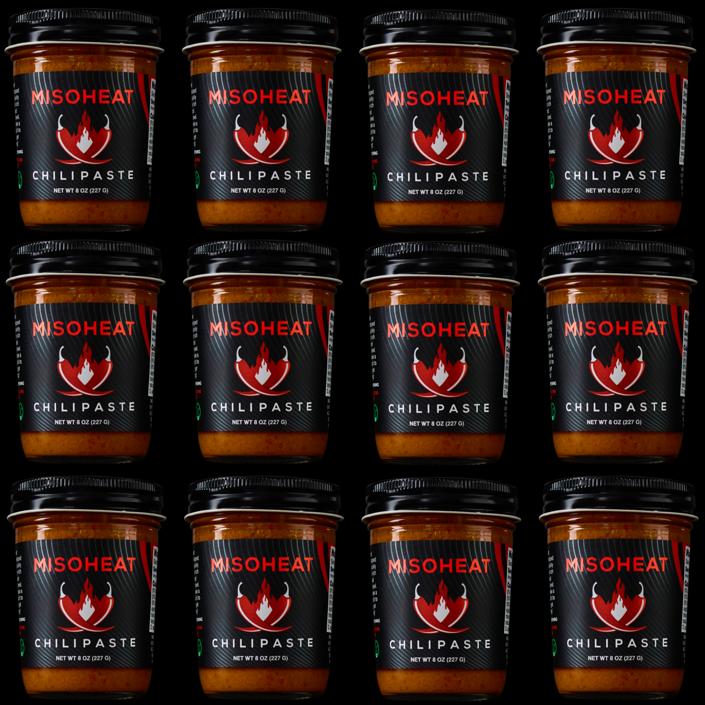 Twelve (12) jars of MisoHeat Chili Paste 8z stacked to represent a case of MisoHeat