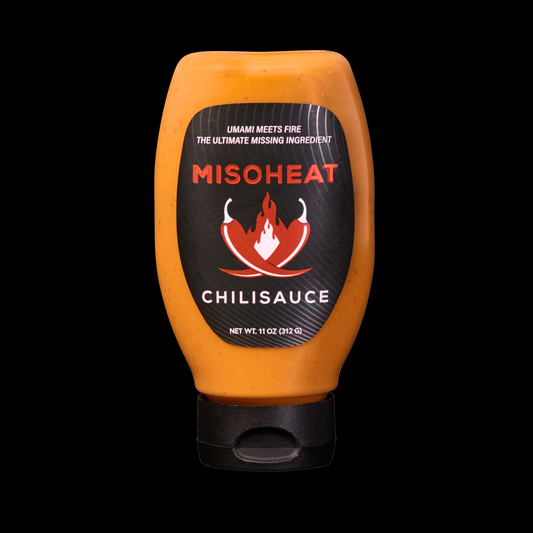 MisoHeat Chili Sauce in an upside down squeeze bottle front view 