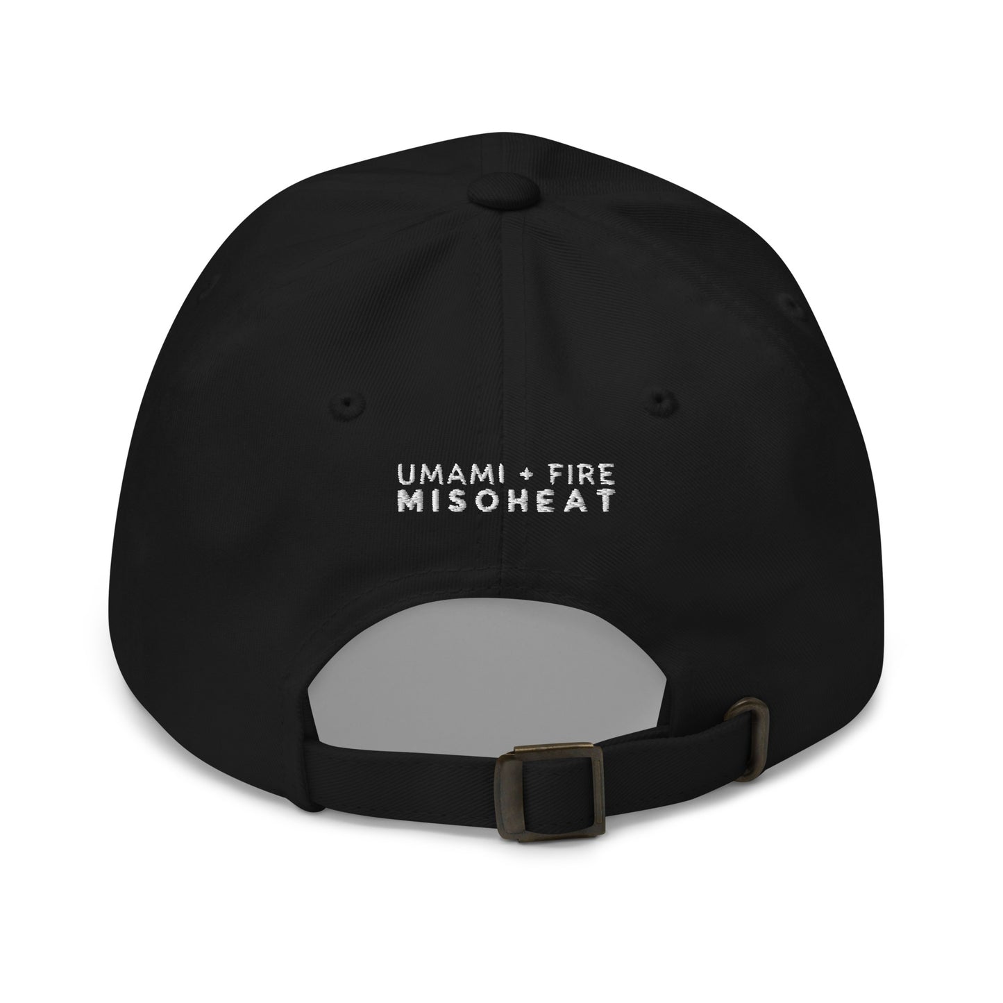 MisoHeat Chili Paste dad's hat baseball cap, back view, black with white embroidered "Umami + Fire MisoHeat"