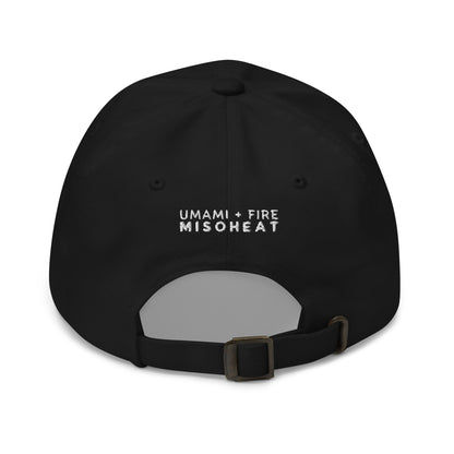 MisoHeat Chili Paste dad's hat baseball cap, back view, black with white embroidered "Umami + Fire MisoHeat"