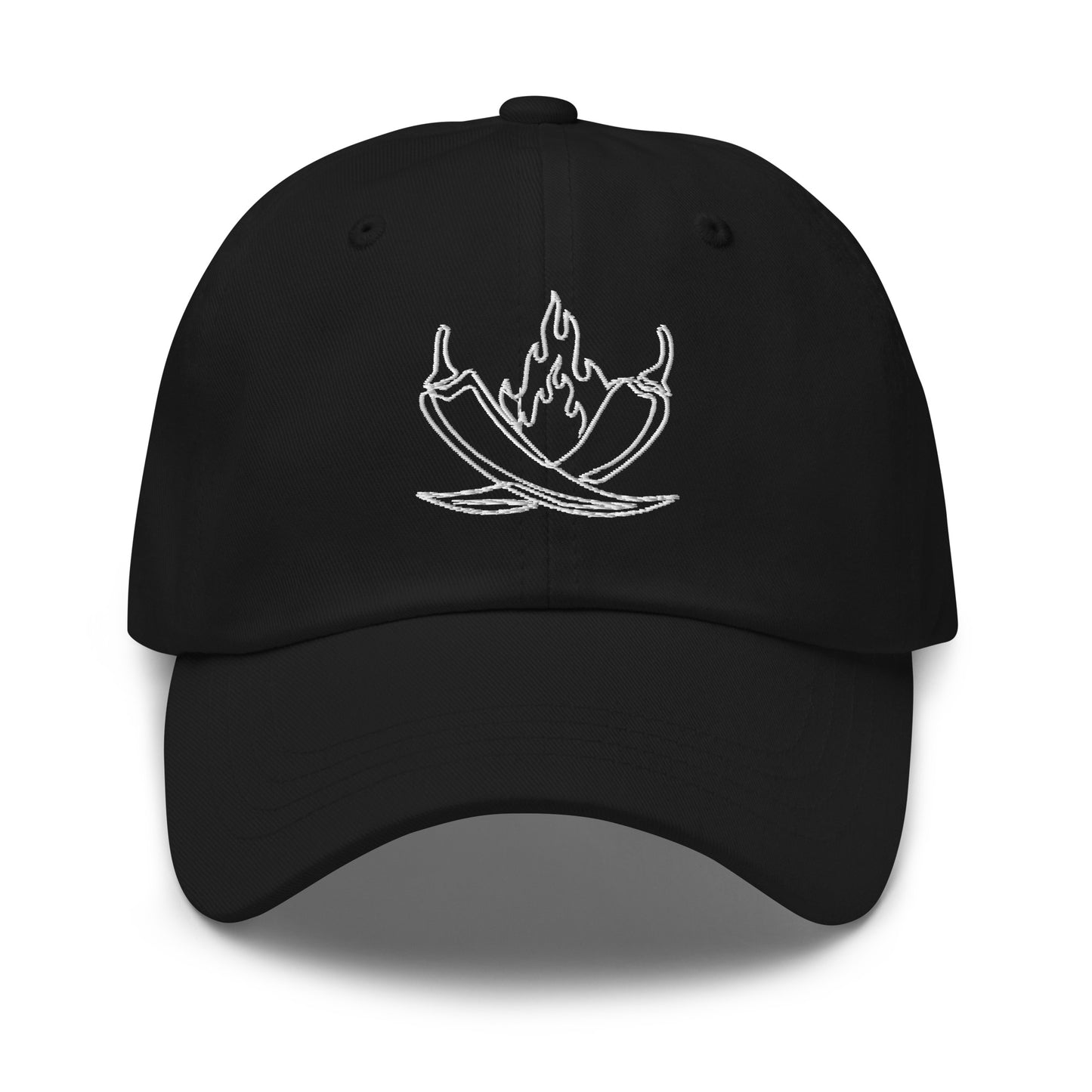 MisoHeat Chili Paste dad's hat baseball cap, front view, black with white embroidered peppers and flame