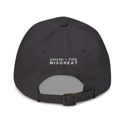 MisoHeat Chili Paste dad's hat baseball cap, back view, gray with white embroidered "Umami + Fire MisoHeat"