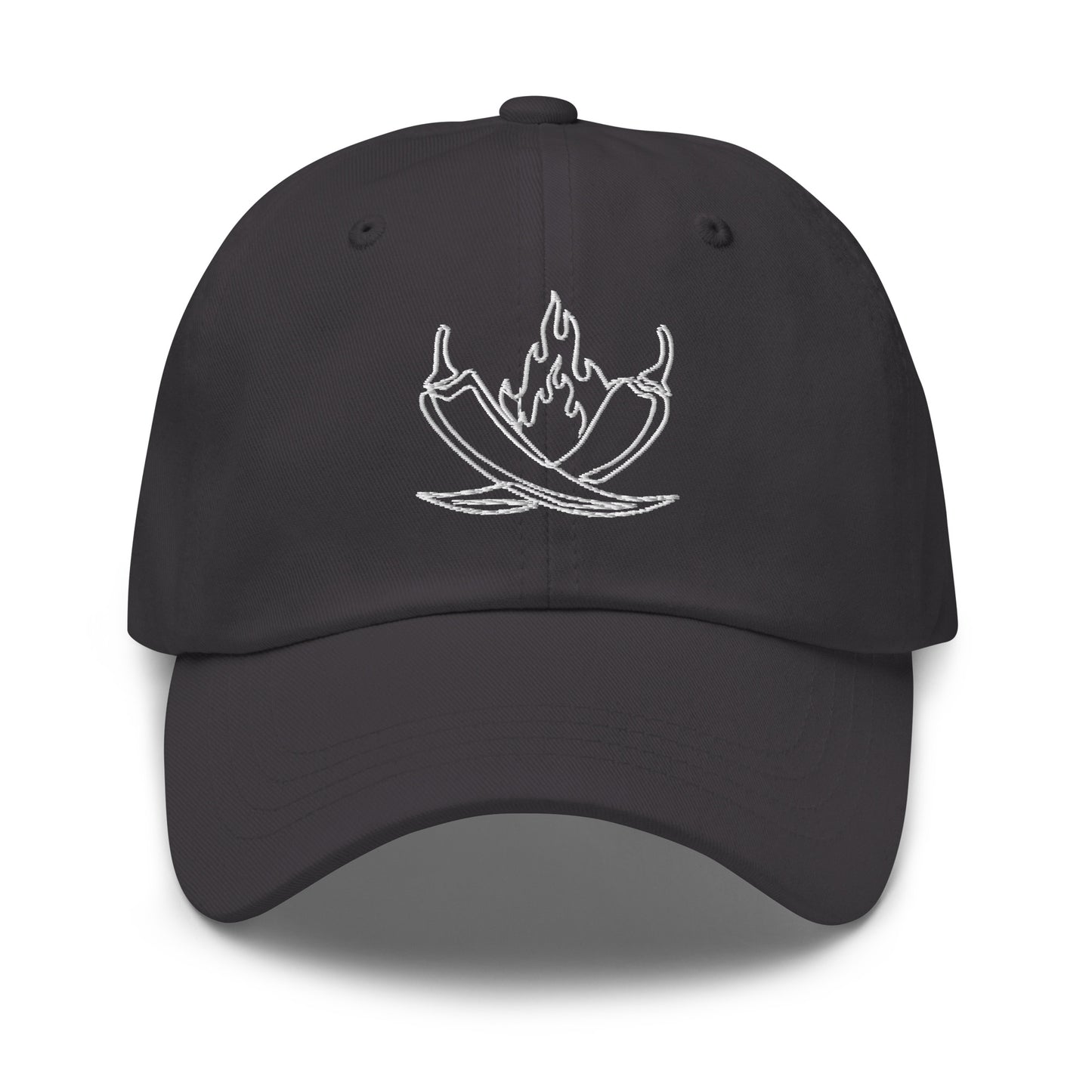 MisoHeat Chili Paste dad's hat baseball cap, front view, gray with white embroidered peppers and flames