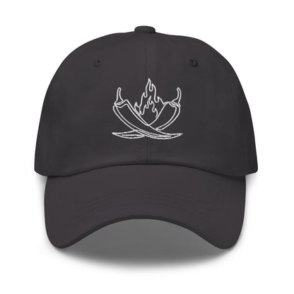 MisoHeat Chili Paste dad's hat baseball cap, front view, gray with white embroidered peppers and flames