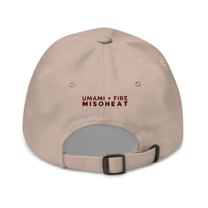 MisoHeat Chili Paste dad's hat baseball cap, tan/beige color with red embroidered "umami + fire MisoHeat" back view