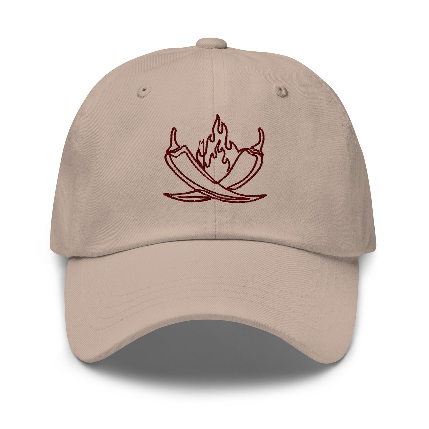 MisoHeat Chili Paste dad's hat baseball cap, tan/beige color with red embroidered peppers and flame