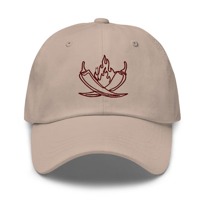 MisoHeat Chili Paste dad's hat baseball cap, tan/beige color with red embroidered peppers and flame