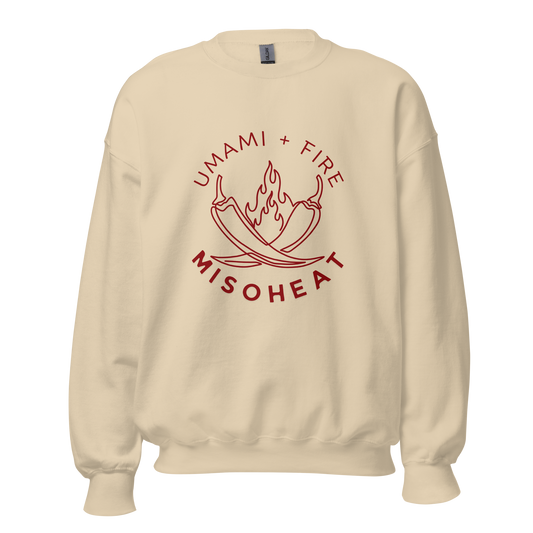 Sand Gildan crewneck sweatshirt with red printed MisoHeat logo of peppers and flames with words "Umami + Fire" on center chest