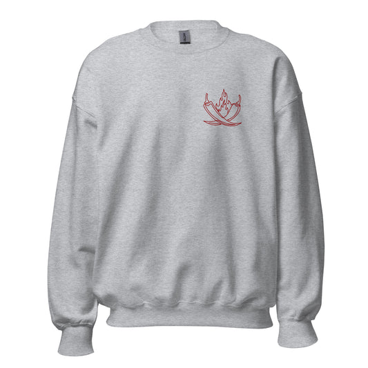 Gray Gildan crewneck with MisoHeat logo of peppers and flames printed in red on the front left chest