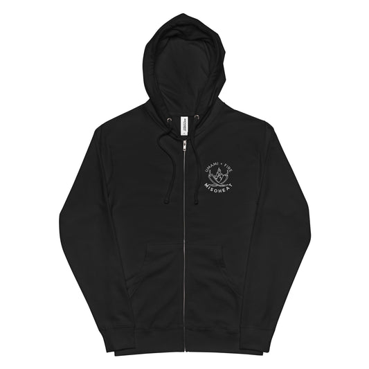 Black zip up fleece hoodie with embroidered MisoHeat logo of peppers and flames, with the words "Umami + Fire"