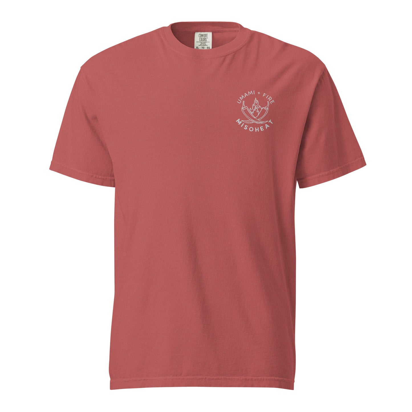 Crimson Comfort Colors tshirt with white embroidered MisoHeat logo of peppers and flames with words "Umami + FIre" on the left chest