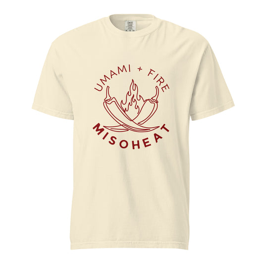 Ivory Comfort Colors tshirt with red printed MisoHeat logo of peppers and flames with words "Umami + Fire" on center chest