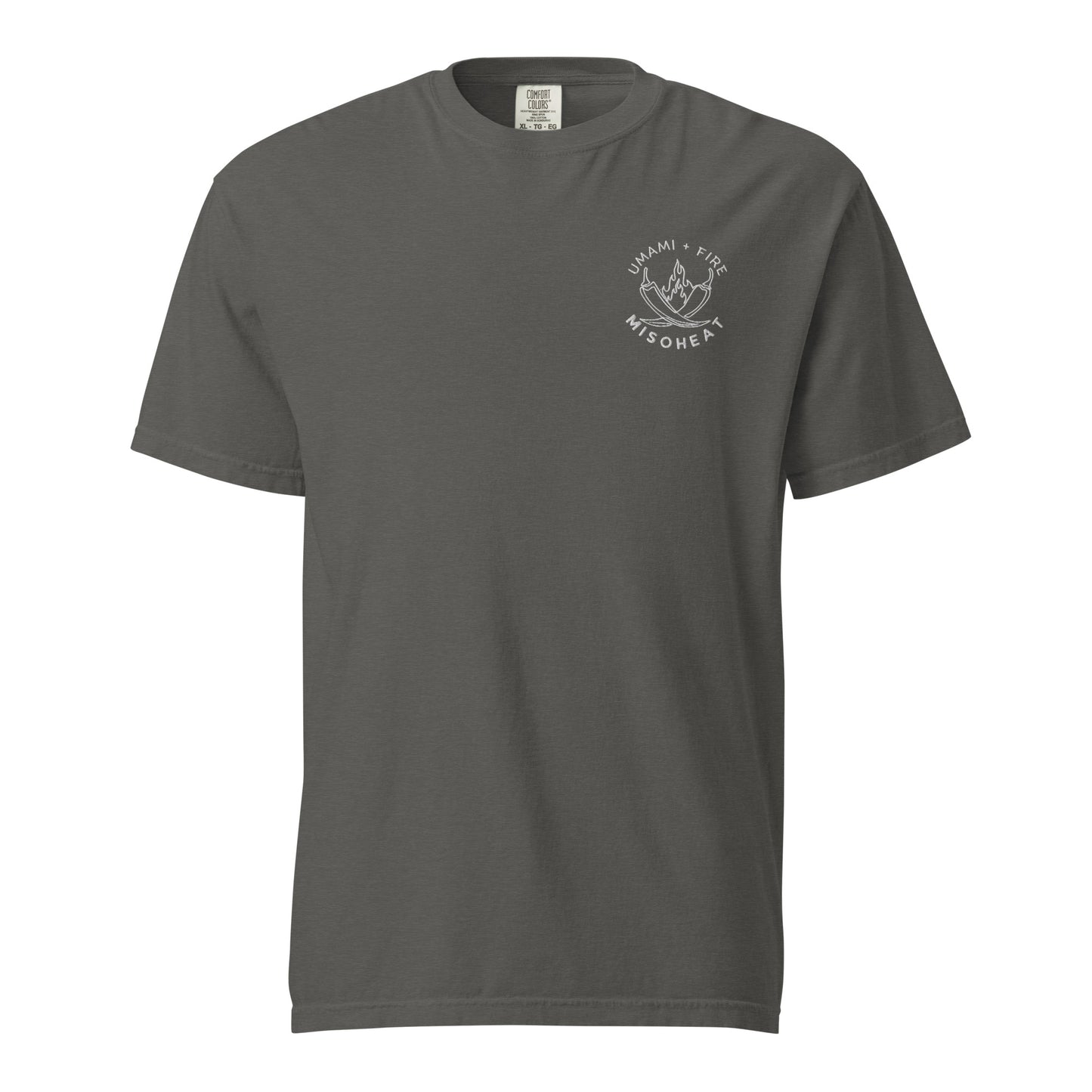 Gray Comfort Colors tshirt with white embroidered MisoHeat logo of peppers and flames with words "Umami + Fire" on the left chest